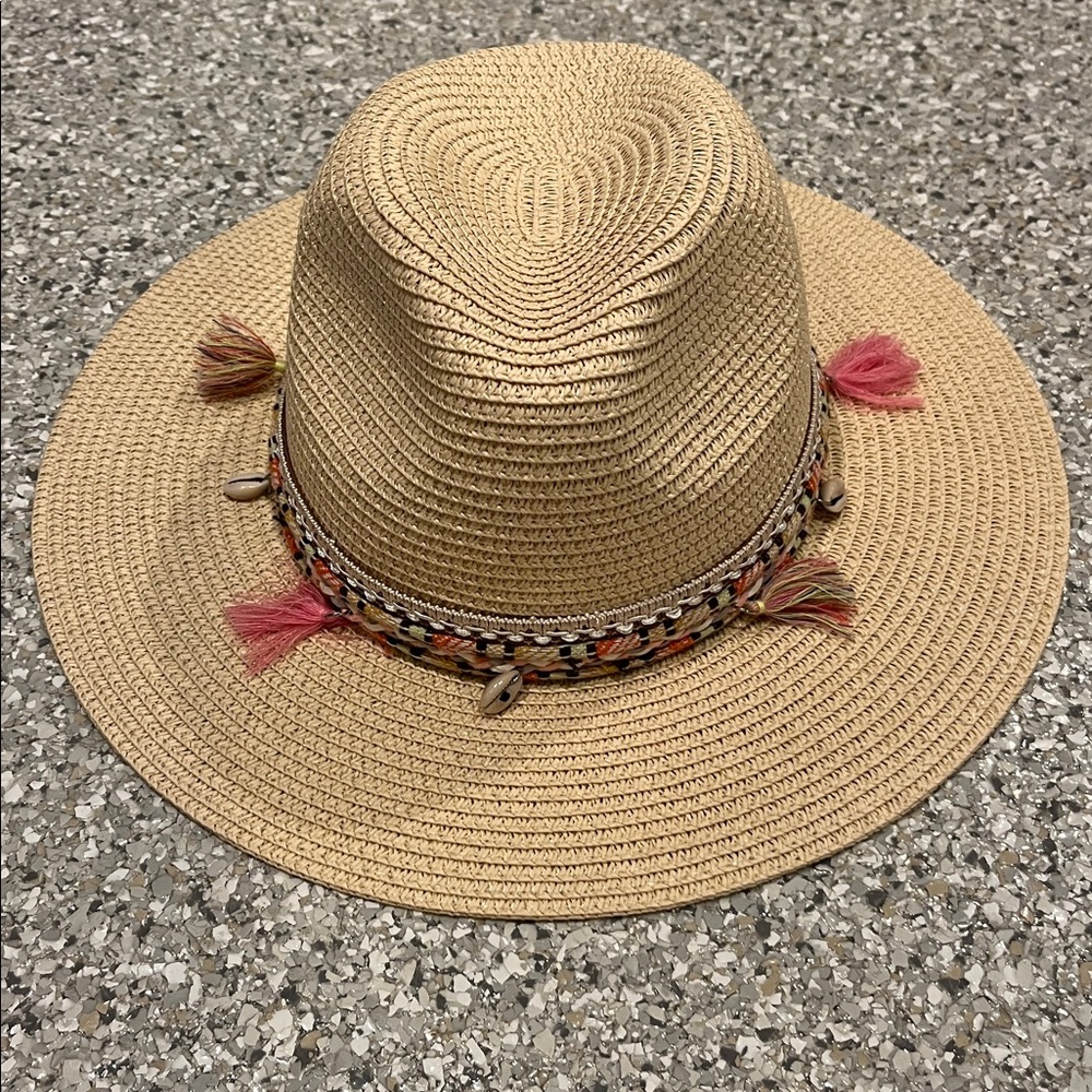 Woven Straw Sun Hat with Pink Tassel Trim
